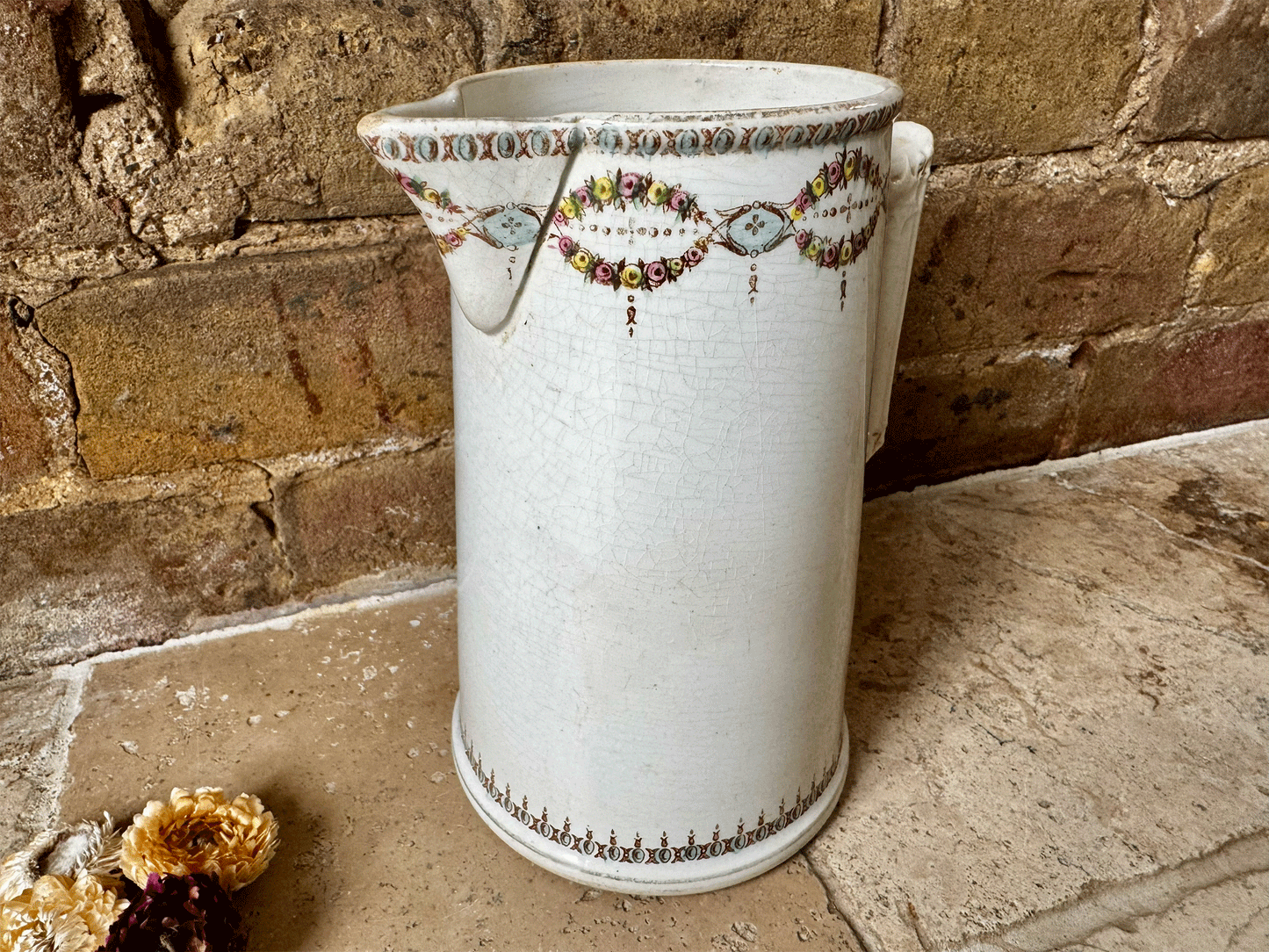 antique french ironstone water pitcher tall large jug gien pastel garland border