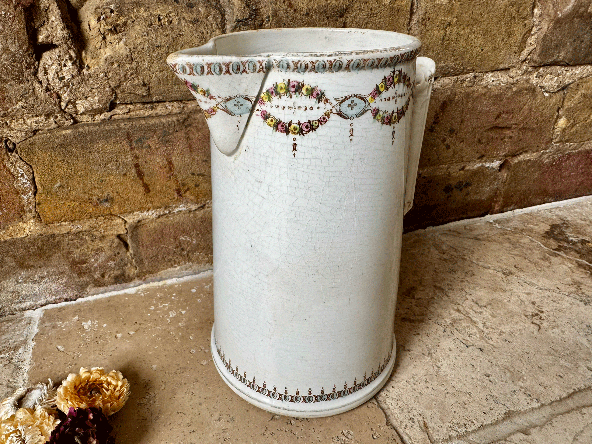 antique french ironstone water pitcher tall large jug gien pastel garland border