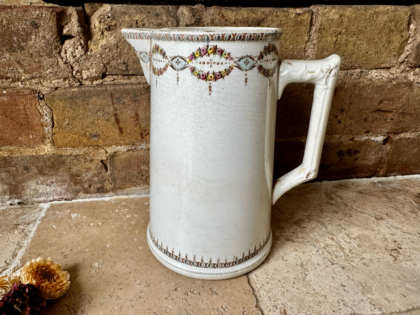 antique french ironstone water pitcher tall large jug gien pastel garland border