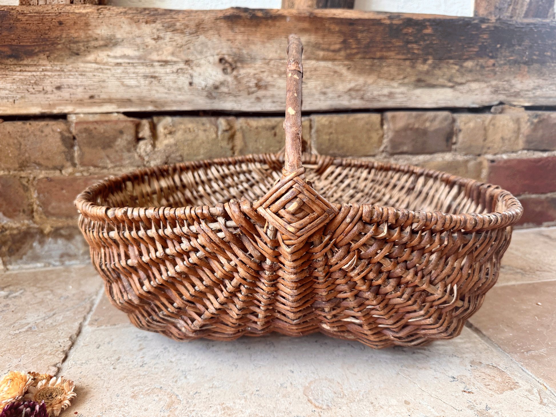 antique french large rustic wicker trug basket panier bentwood handle