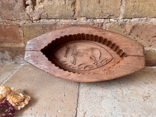 large antique french rustic grazing cow carved wooden treen butter brick mould