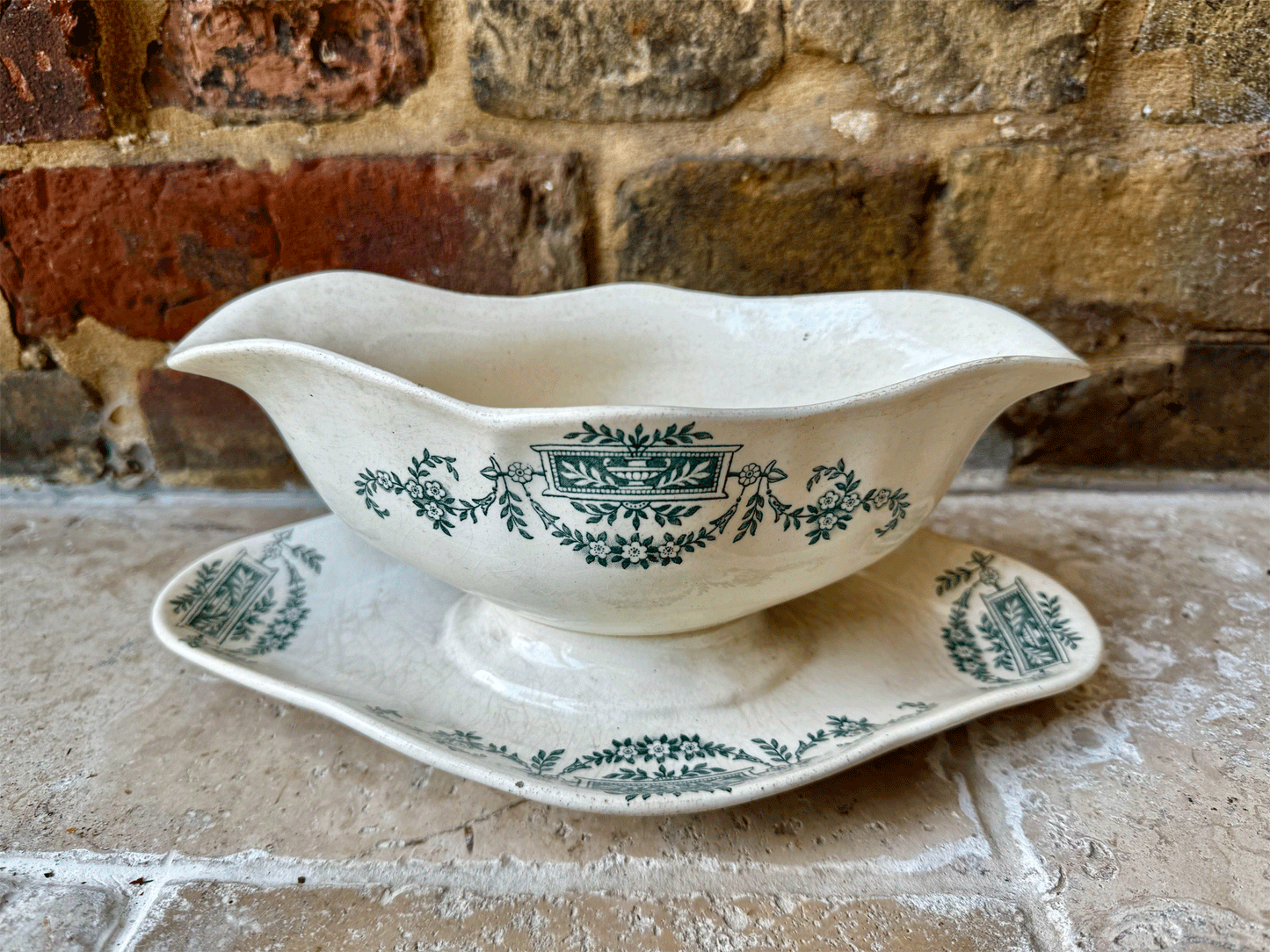 Antique 19th Century Green Transferware Saucier by Terre de Fer