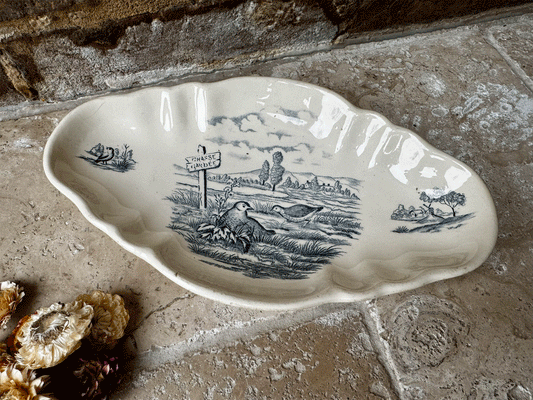 antique french terre de fer longchamp ironstone ravier plate country scene quails bits