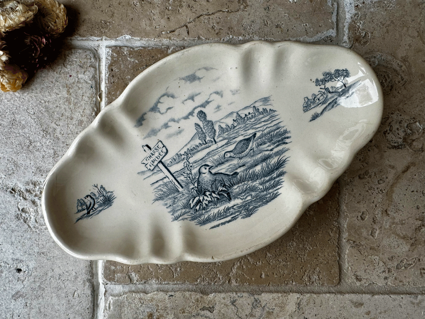 antique french terre de fer longchamp ironstone ravier plate country scene quails bits