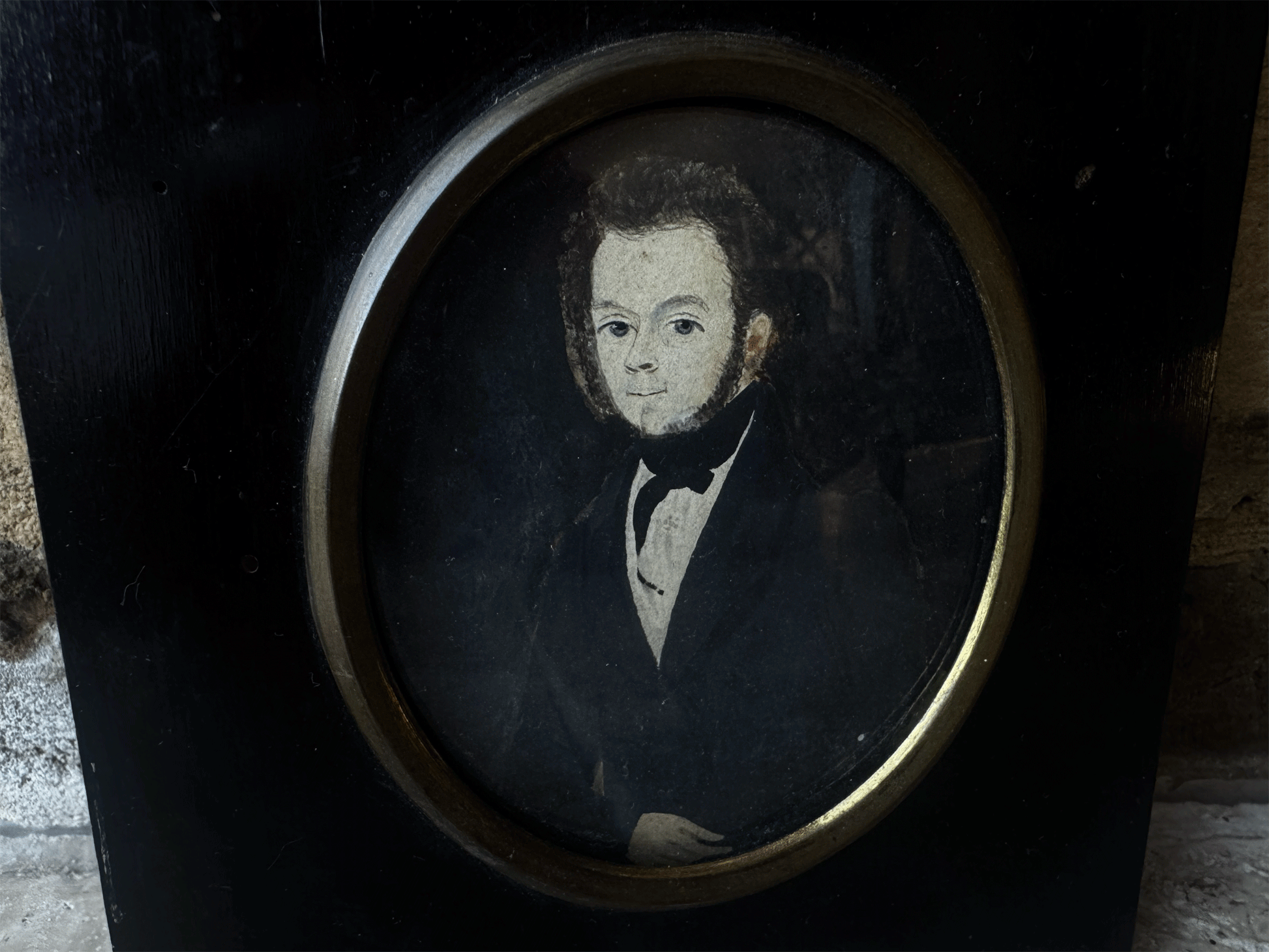 antique 19th century french miniature watercolour portrait gentleman black suit ebony dark rame