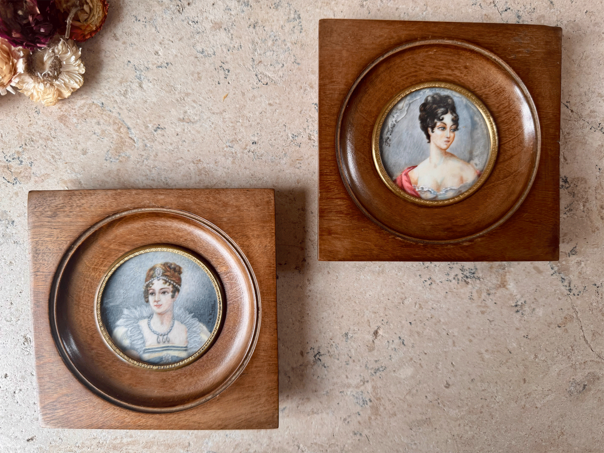 antique french signed framed miniature portrait painting lady 