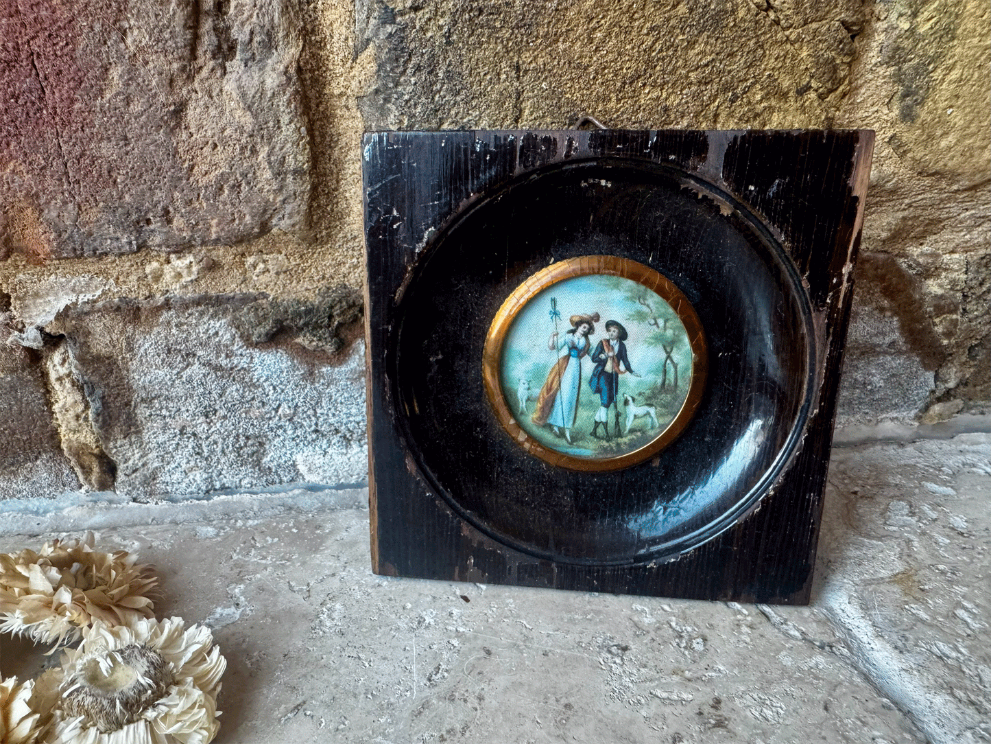 antique french miniature picture painting sherpherdess hunter strolling