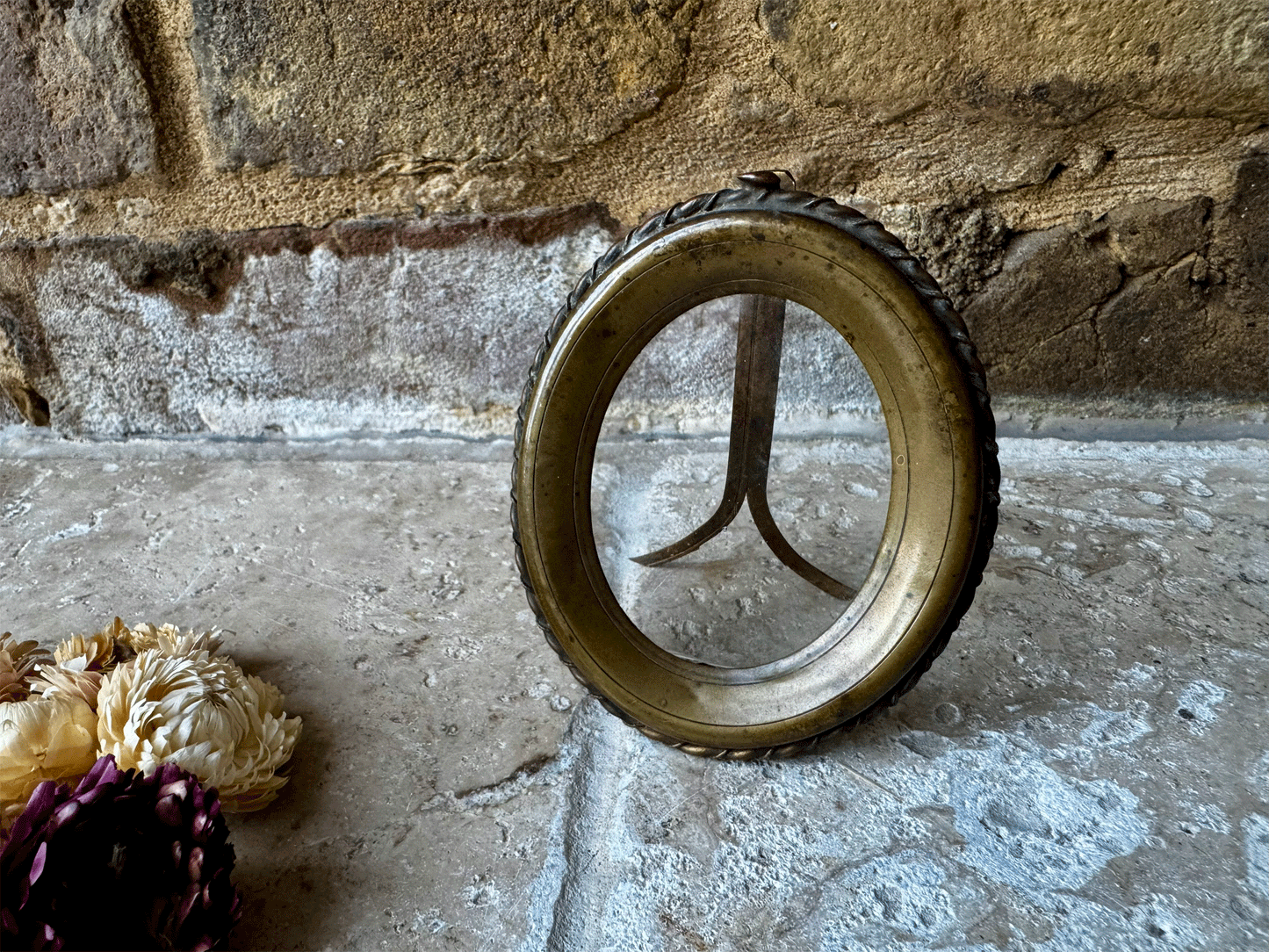 small antique french miniature oval brass easel picture frame