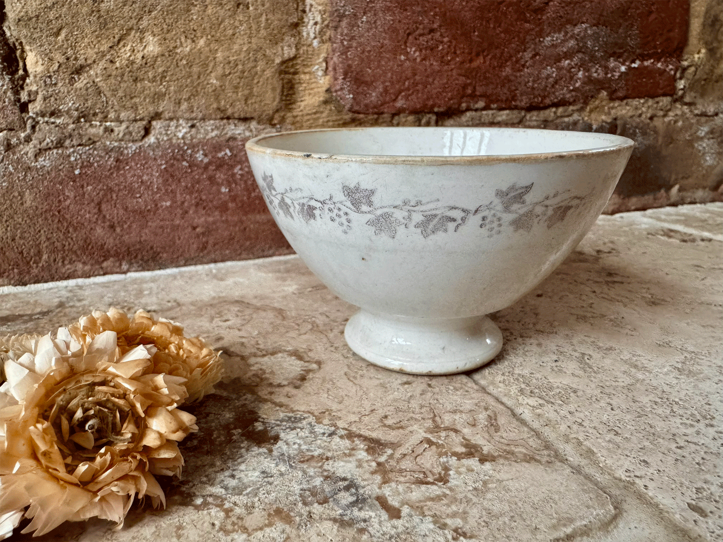 antique french ironstone terre de fer small miniature cafe au lait chocolate bowl floral 