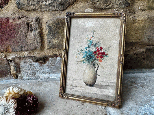 small miniature antique french watercolour painting signed dated floral vase still life