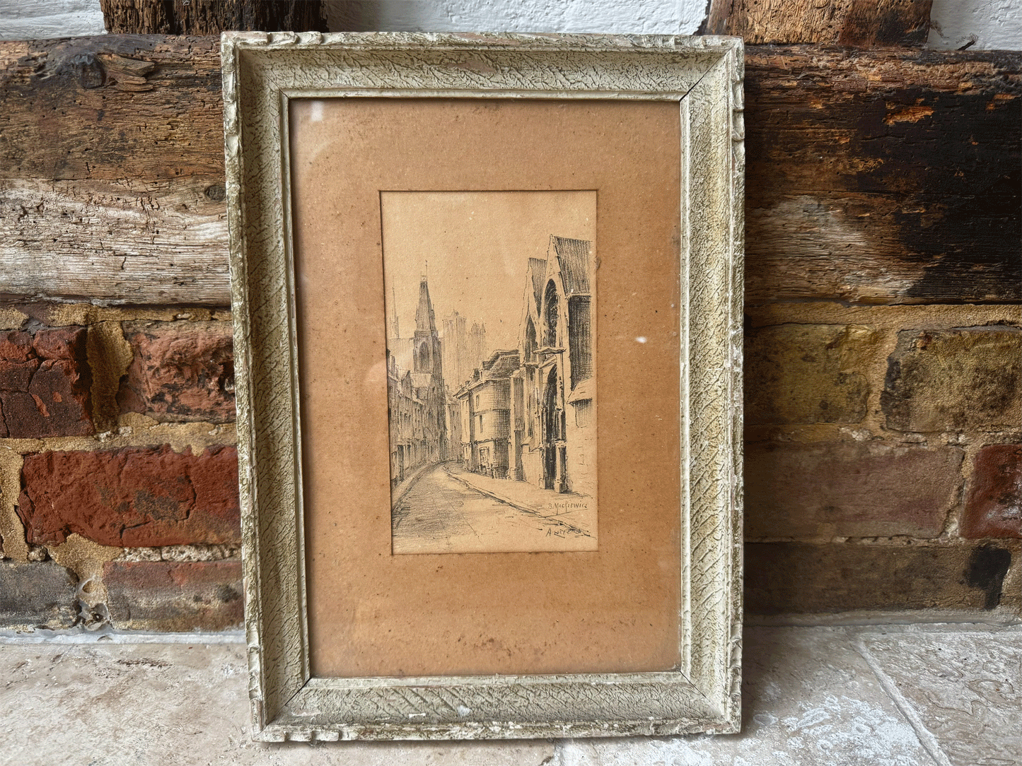antique amiens french artwork pencil drawing cityscape cathedral moody signed berthe mackiewicz