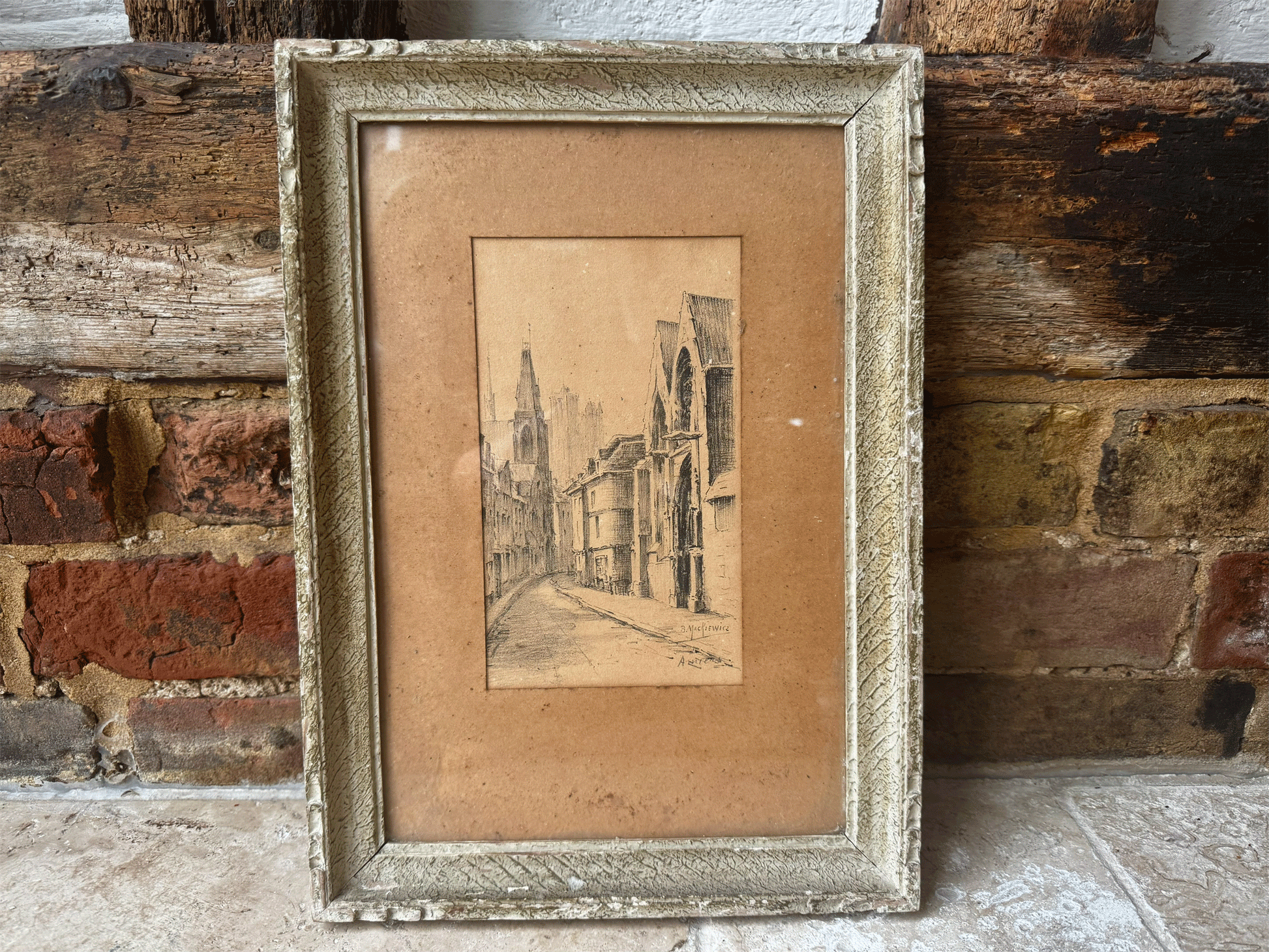antique amiens french artwork pencil drawing cityscape cathedral moody signed berthe mackiewicz