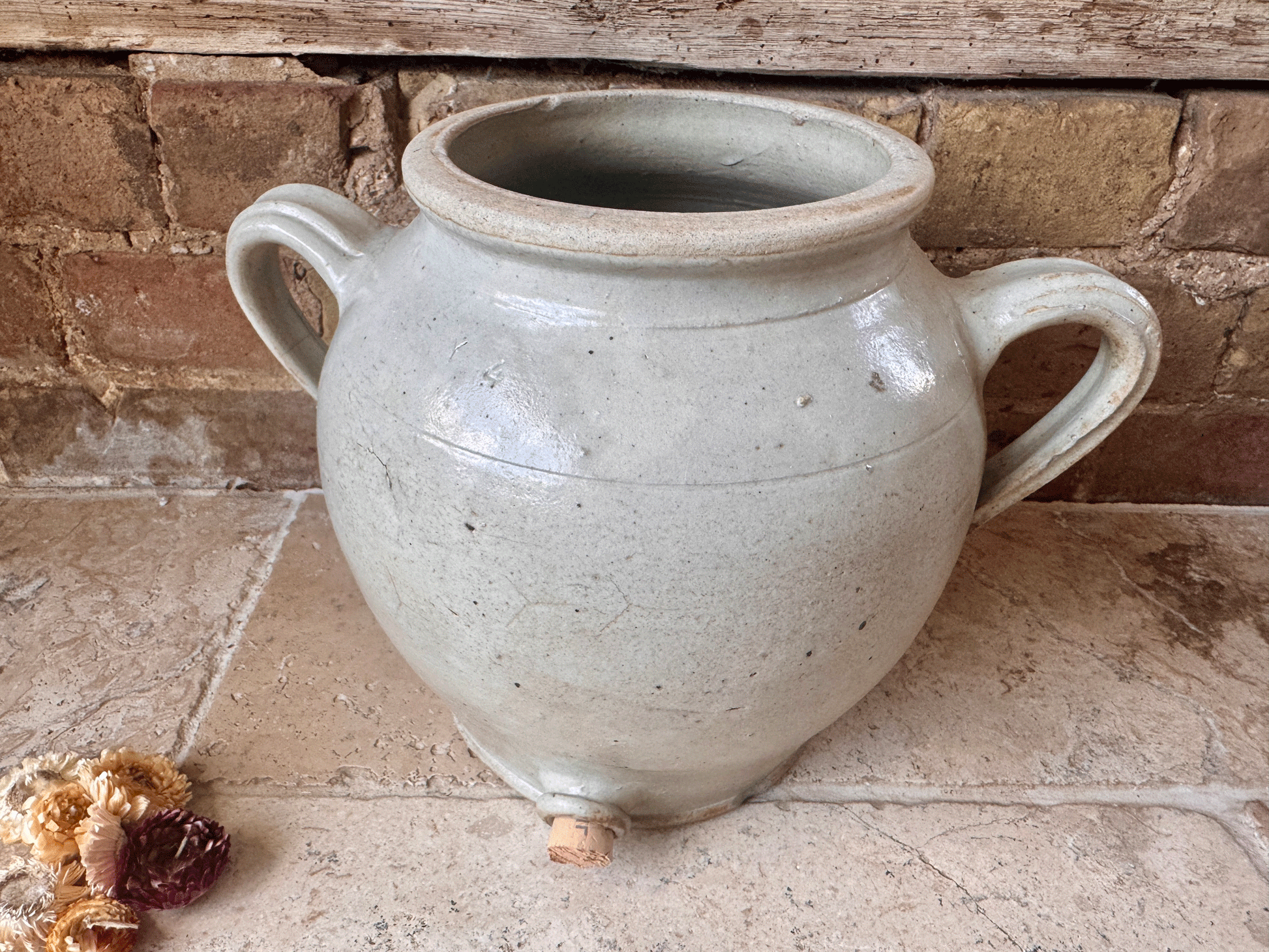 rustic antique french country large stoneware confit oil wine preserve pot jar twin handles