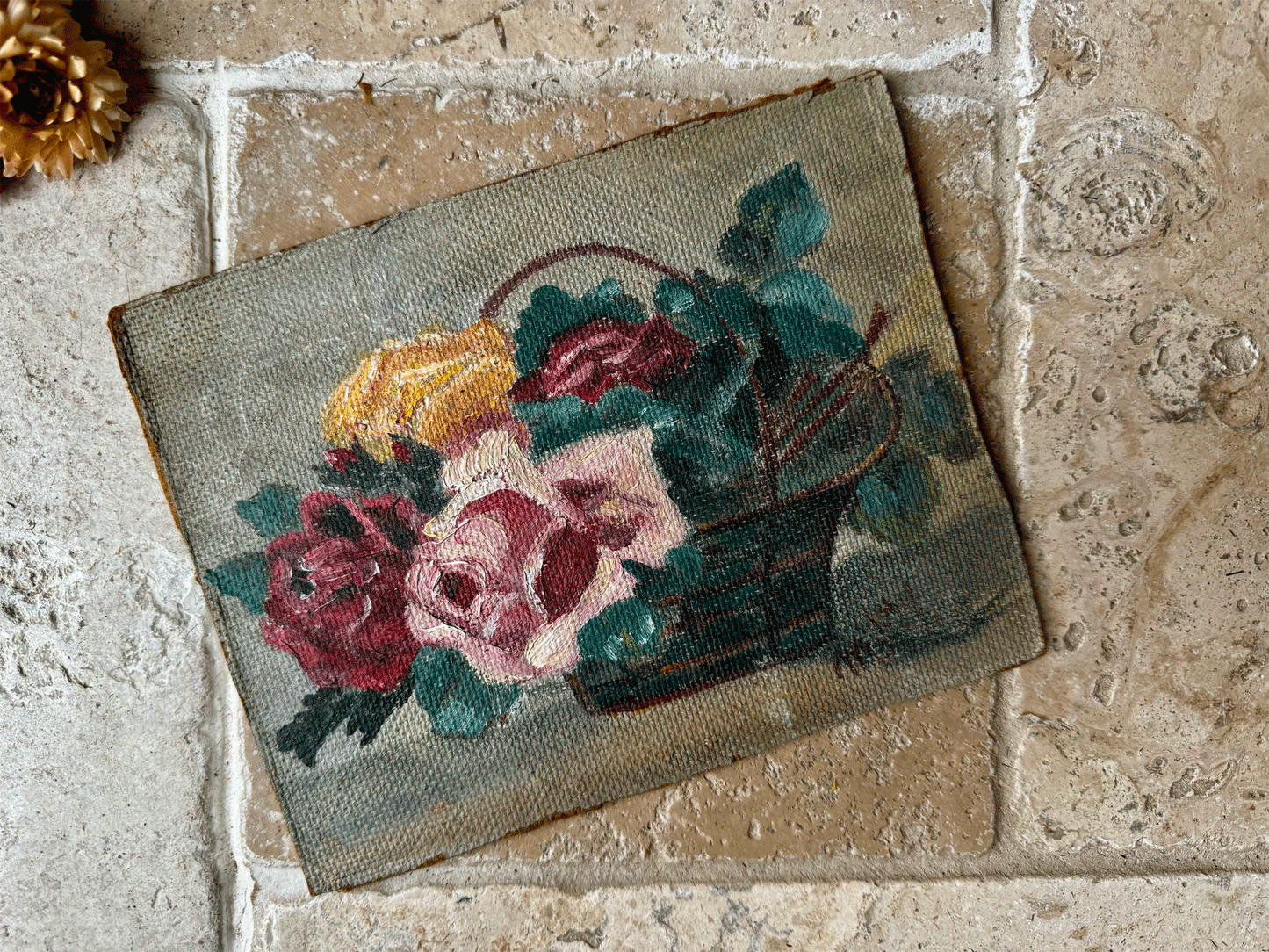 antique french oil on board still life roses basket