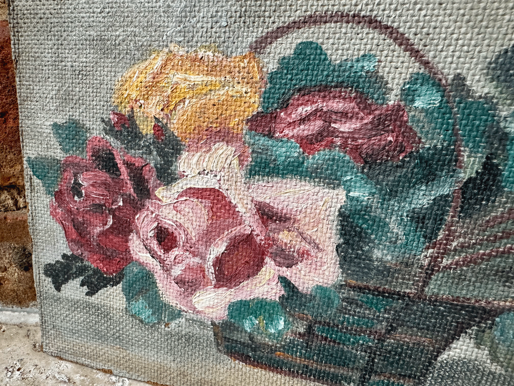 antique french oil on board still life roses basket