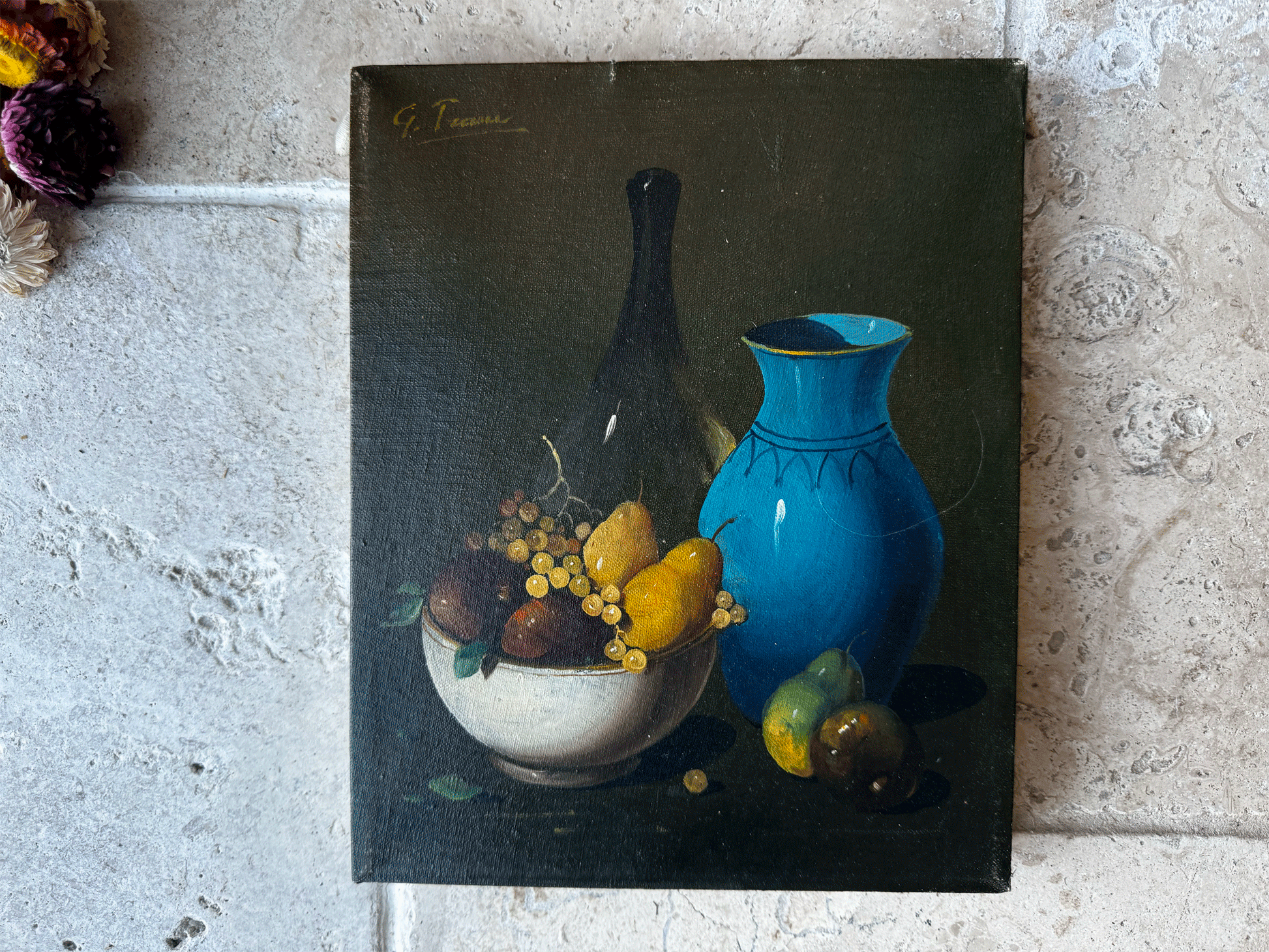 antique french oil on canvas still life moody decorative vintage interior