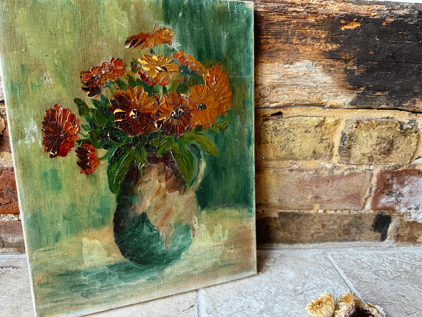 antique french floral still life vase flowers oil canvas impasto moody tones hues