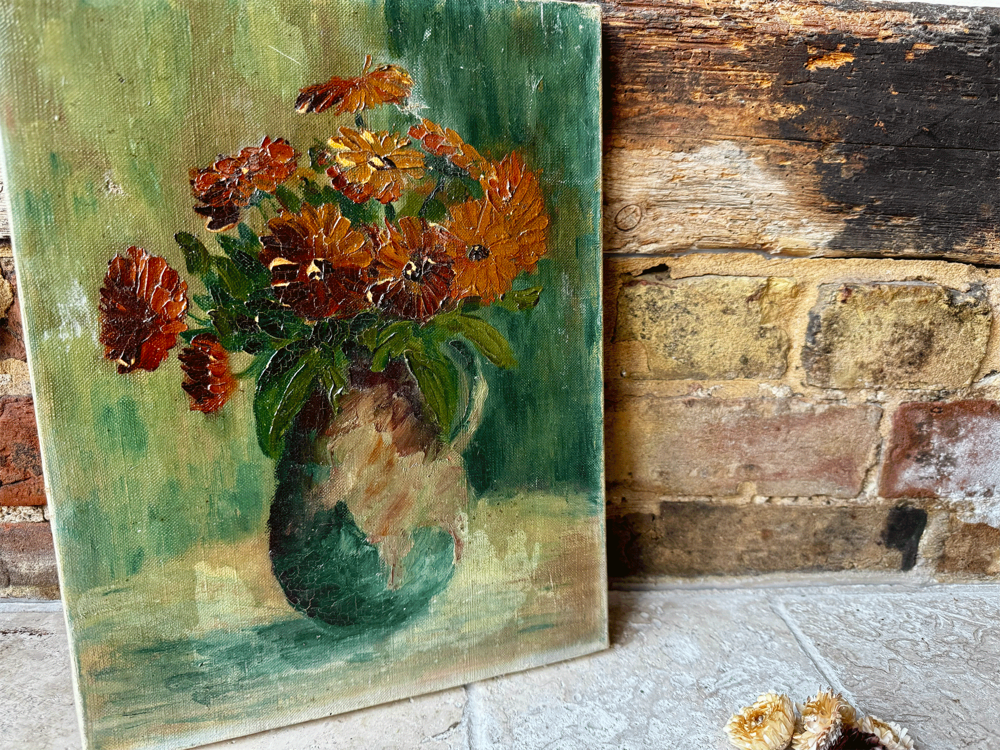 antique french floral still life vase flowers oil canvas impasto moody tones hues