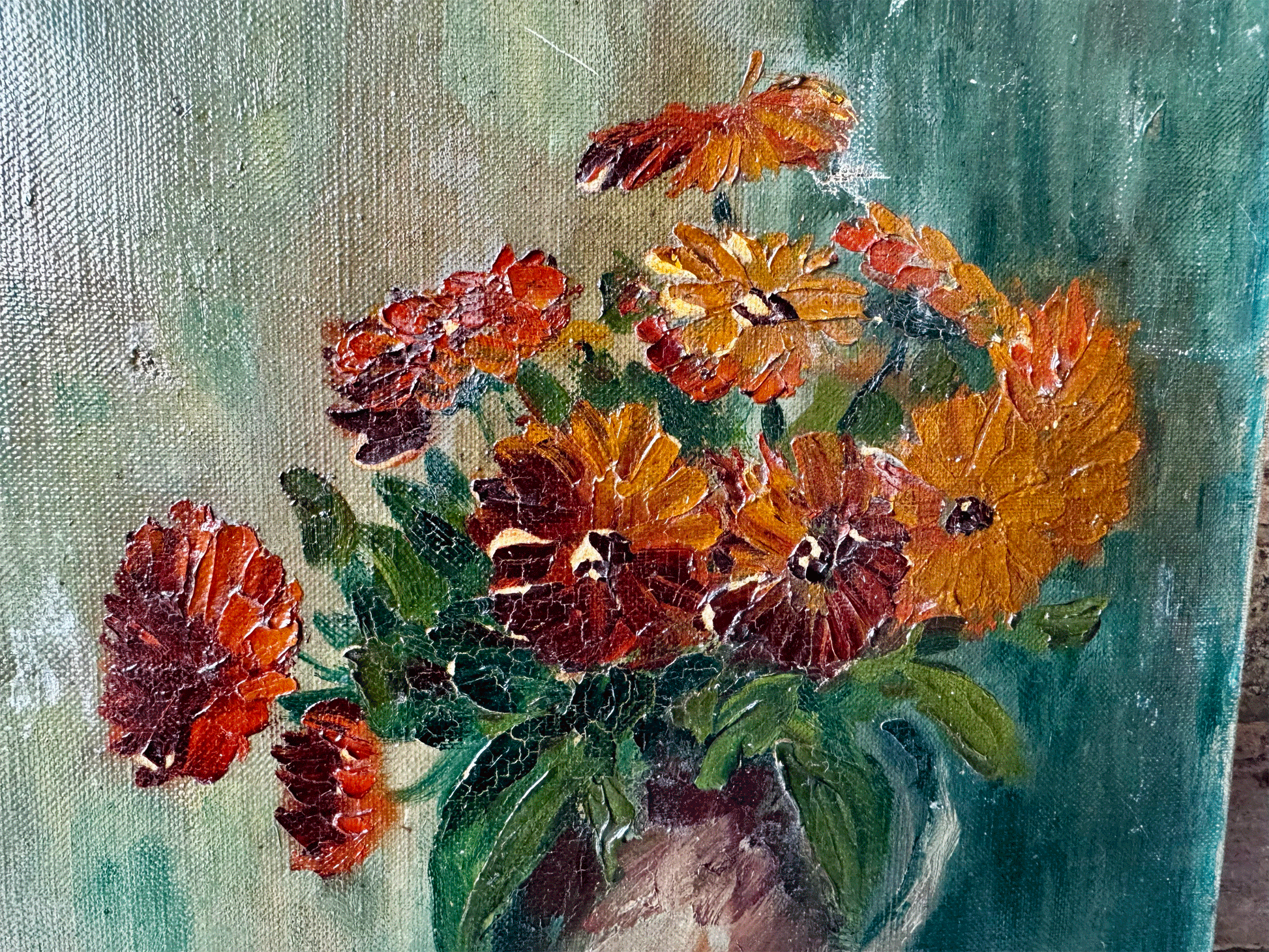 antique french floral still life vase flowers oil canvas impasto moody tones hues