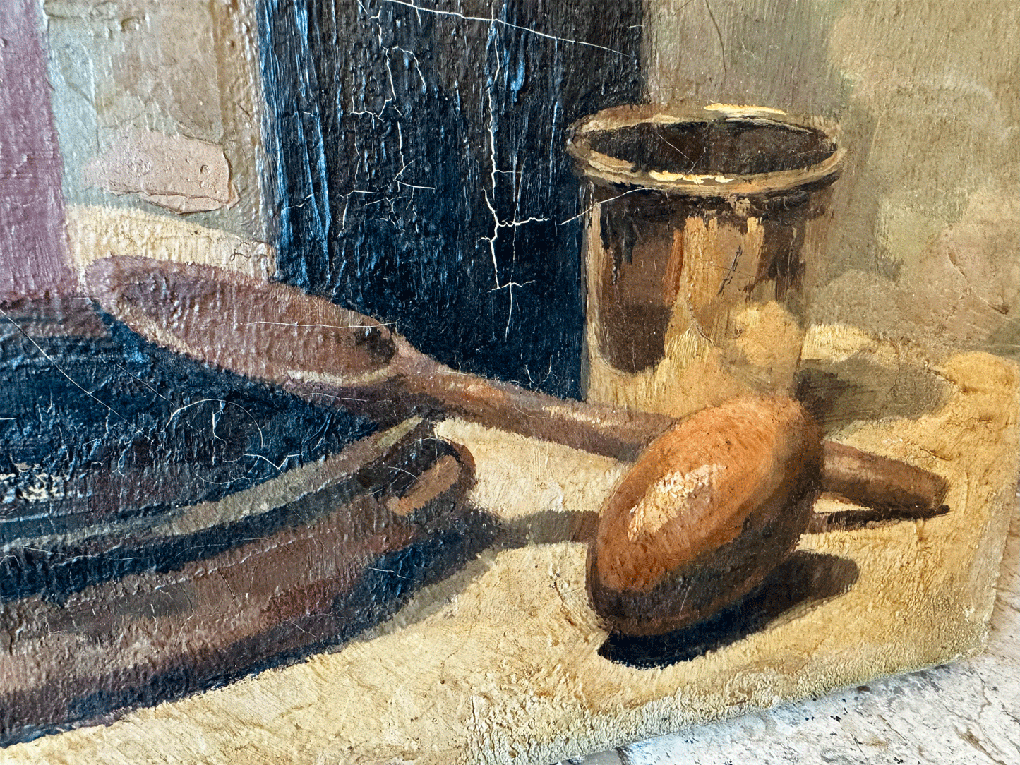 antique french kitchen still life oil canvas signed rustic stoneware bottles