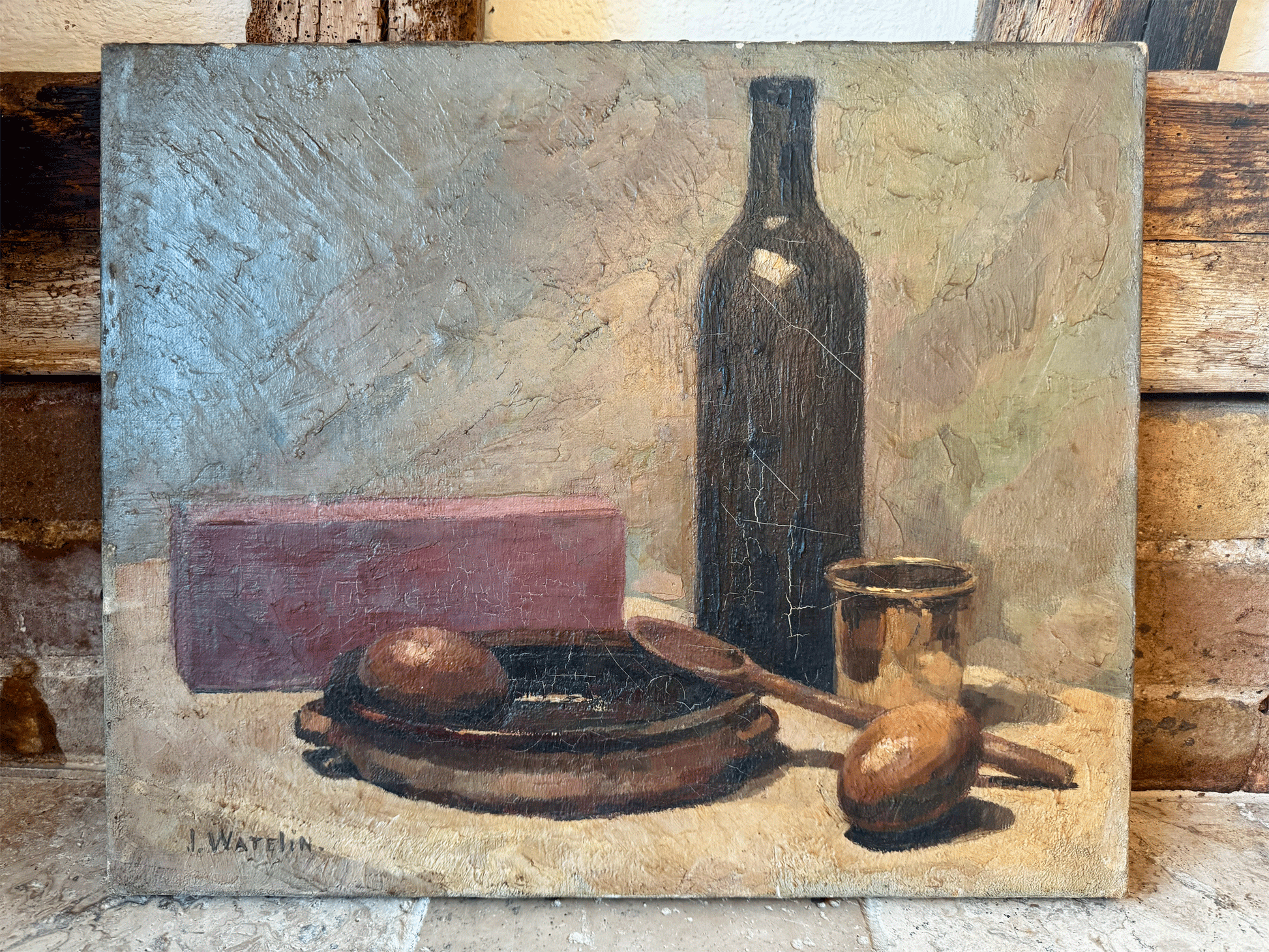 antique french kitchen still life oil canvas signed rustic stoneware bottles