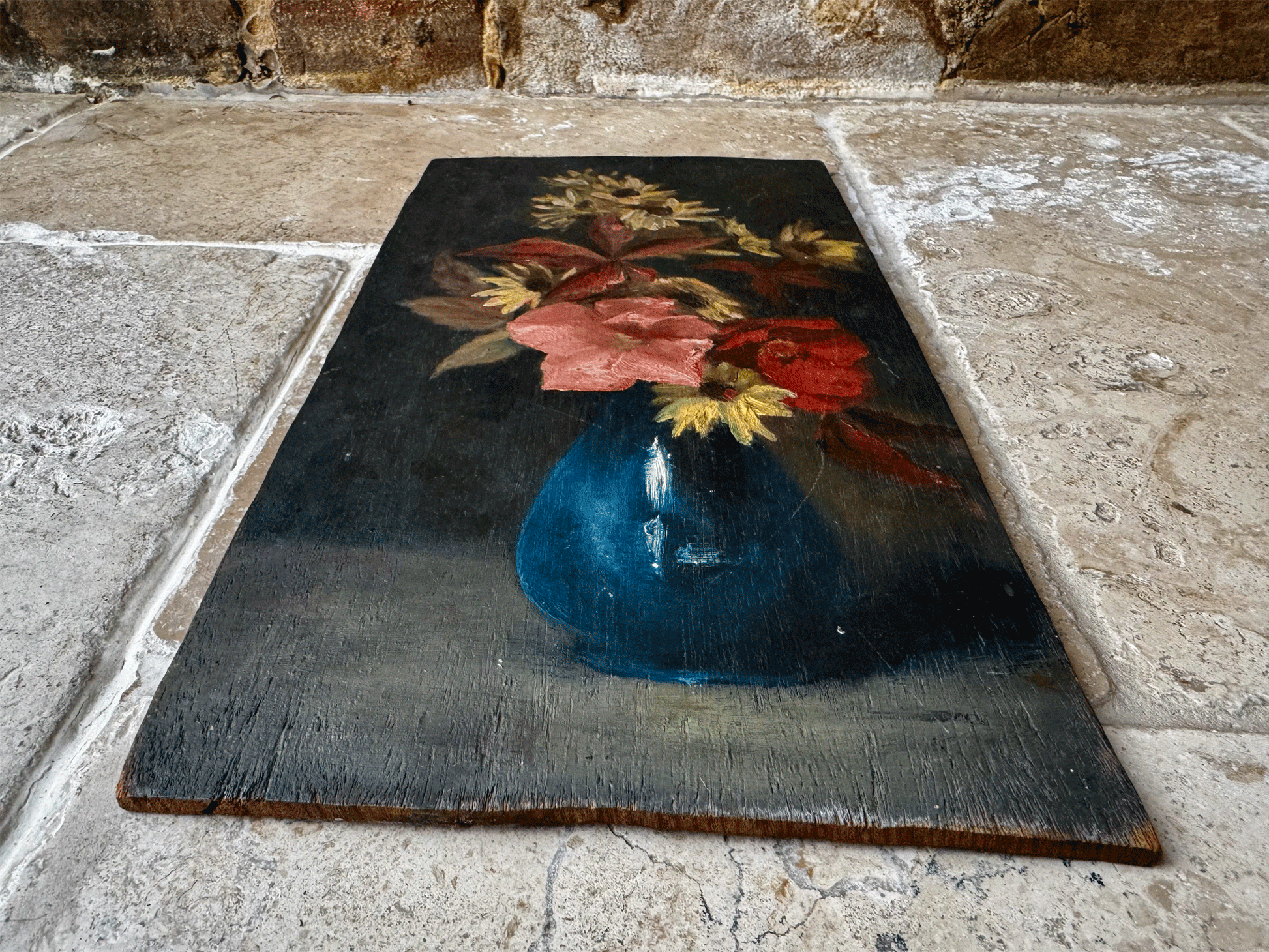 antique french oil painting on board still life floral composition vase flowers