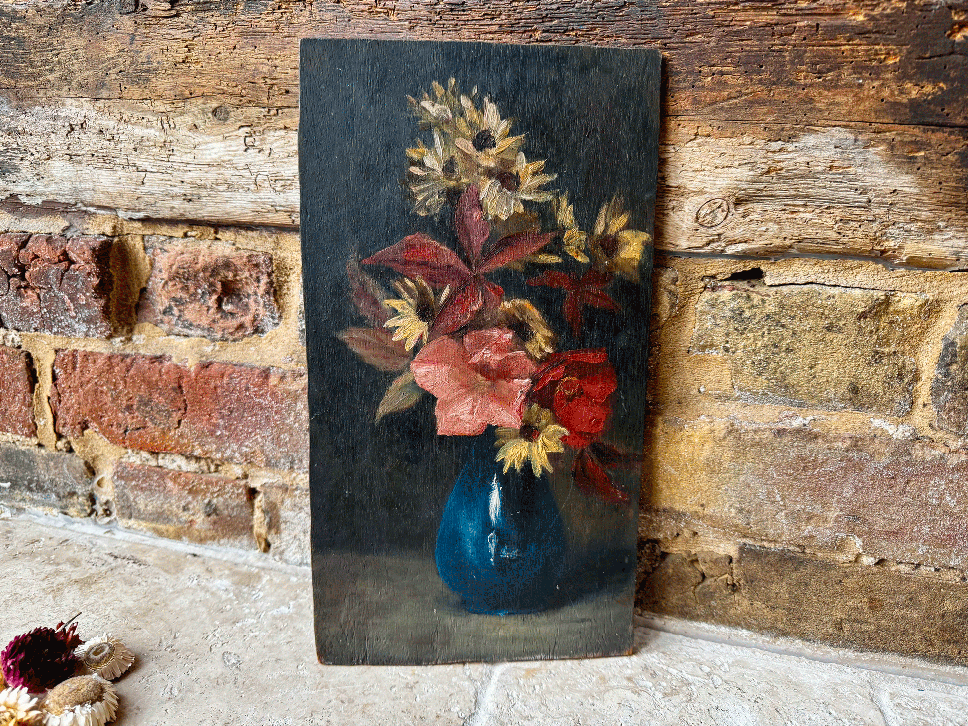 antique french oil painting on board still life floral composition vase flowers