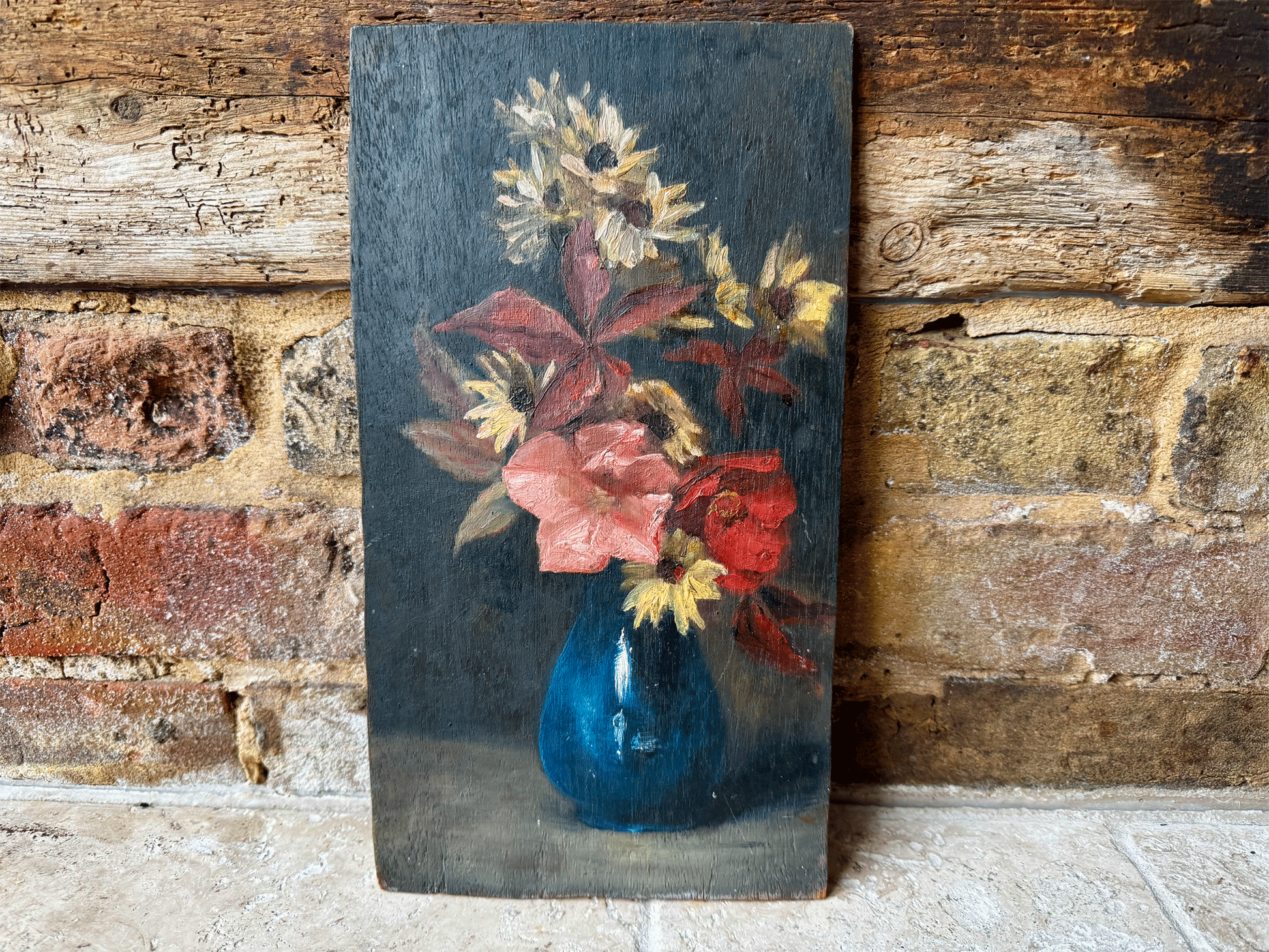 antique french oil painting on board still life floral composition vase flowers