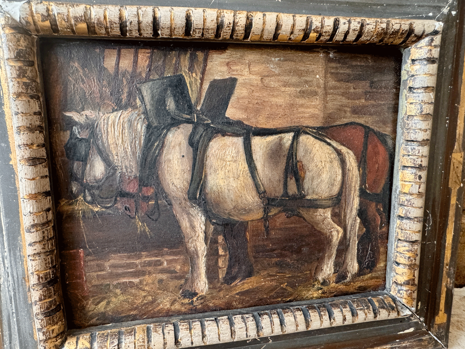 antique french framed pol painting horses stable barn