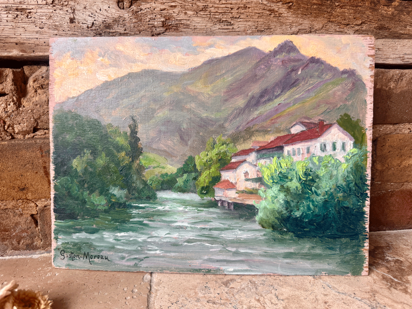 antique french oil painting board signed gaston moreau known artist landscape mountains river