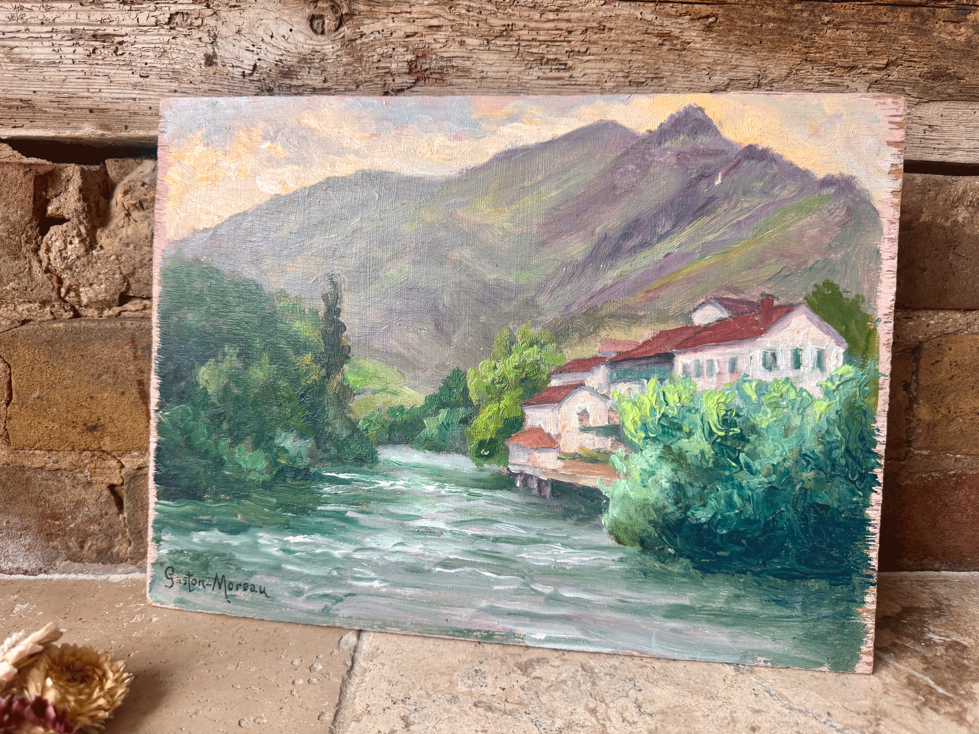 antique french oil painting board signed gaston moreau known artist landscape mountains river