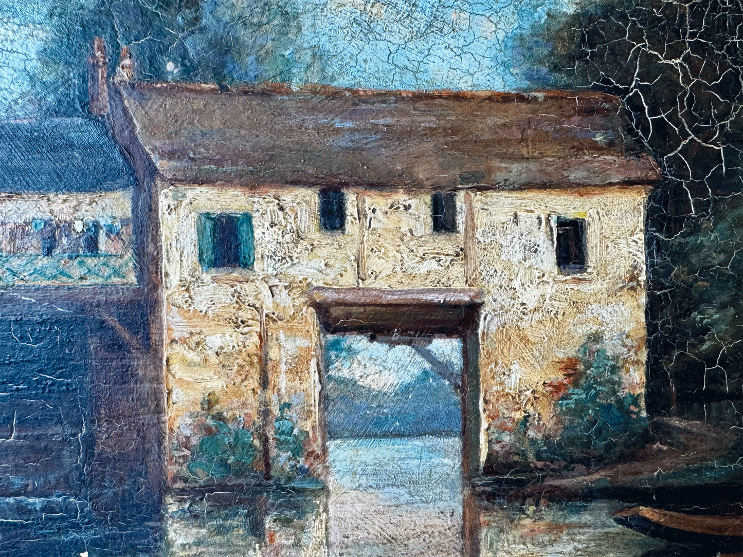 antique french oil board painting artwork mill boathouse river country scene signed