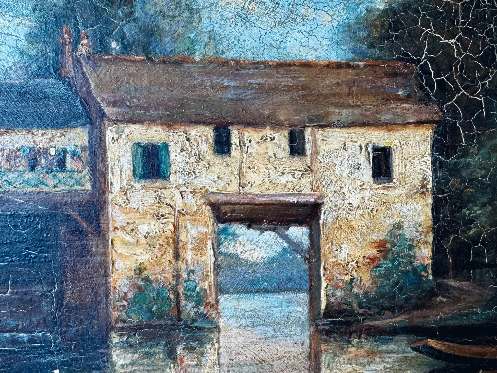 antique french oil board painting artwork mill boathouse river country scene signed