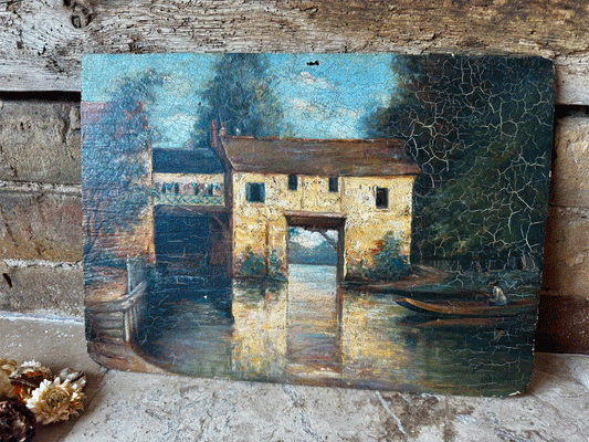 antique french oil board painting artwork mill boathouse river country scene signed