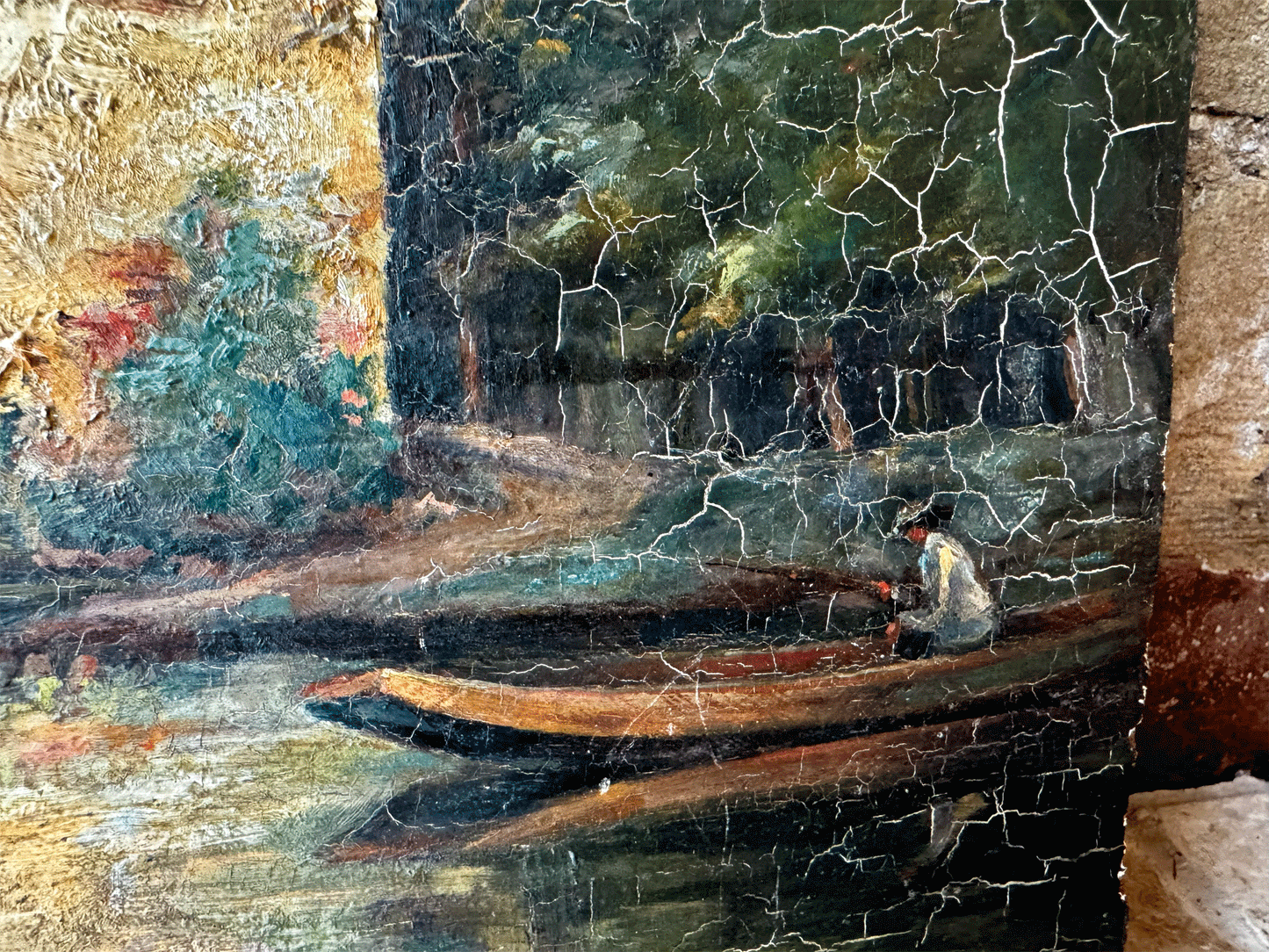 antique french oil board painting artwork mill boathouse river country scene signed