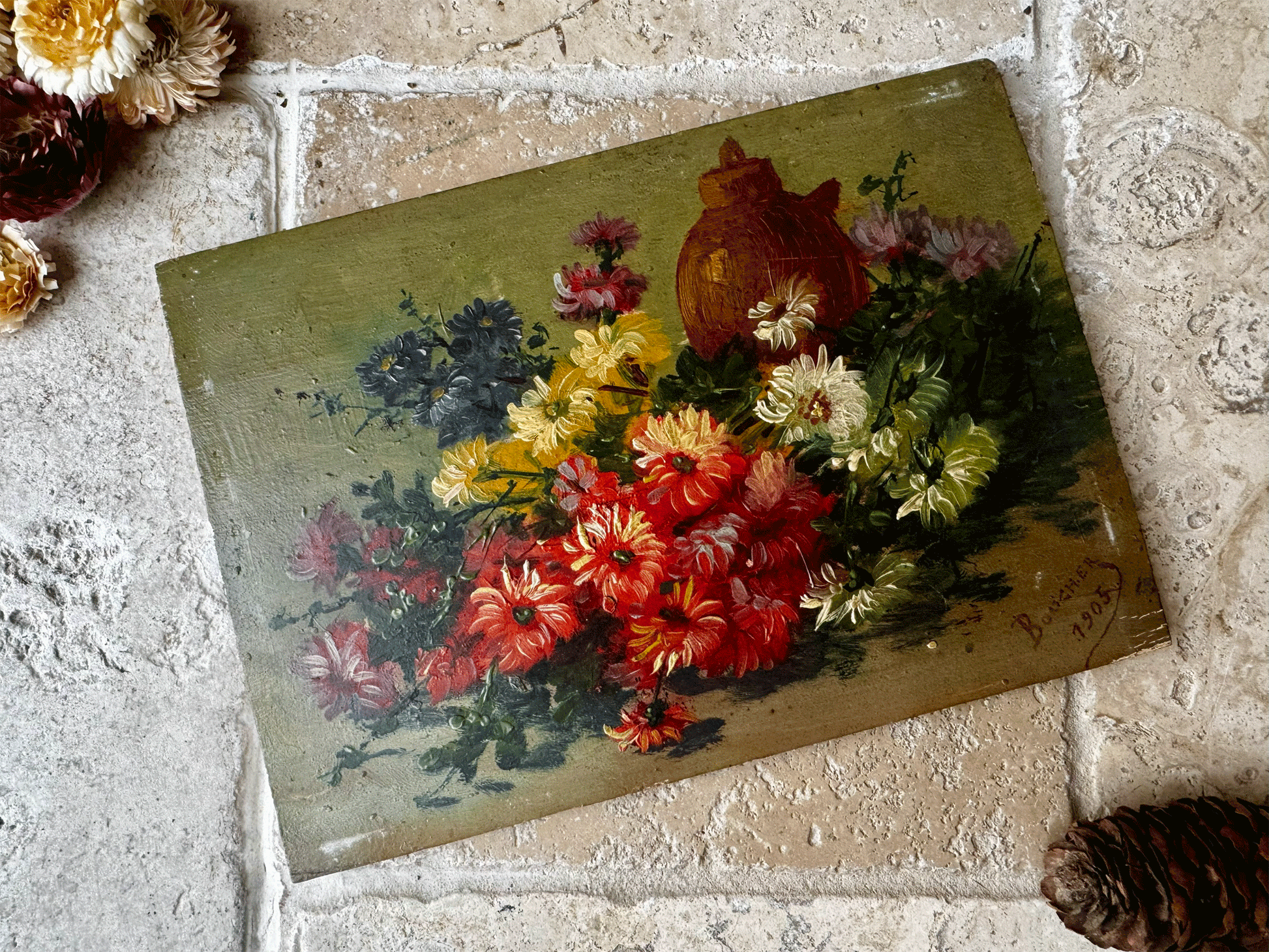 antique french floral composition oil painting board signed boucher 1905