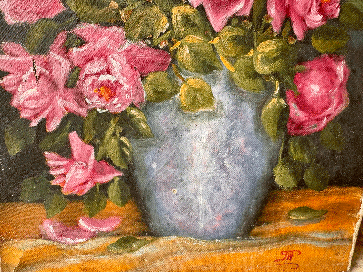 vintage french signed oil painting pink roses blue vase florals 