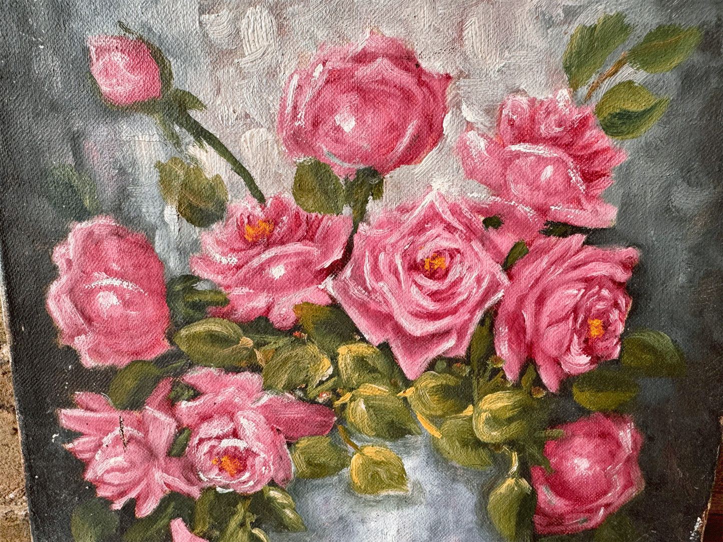 vintage french signed oil painting pink roses blue vase florals 