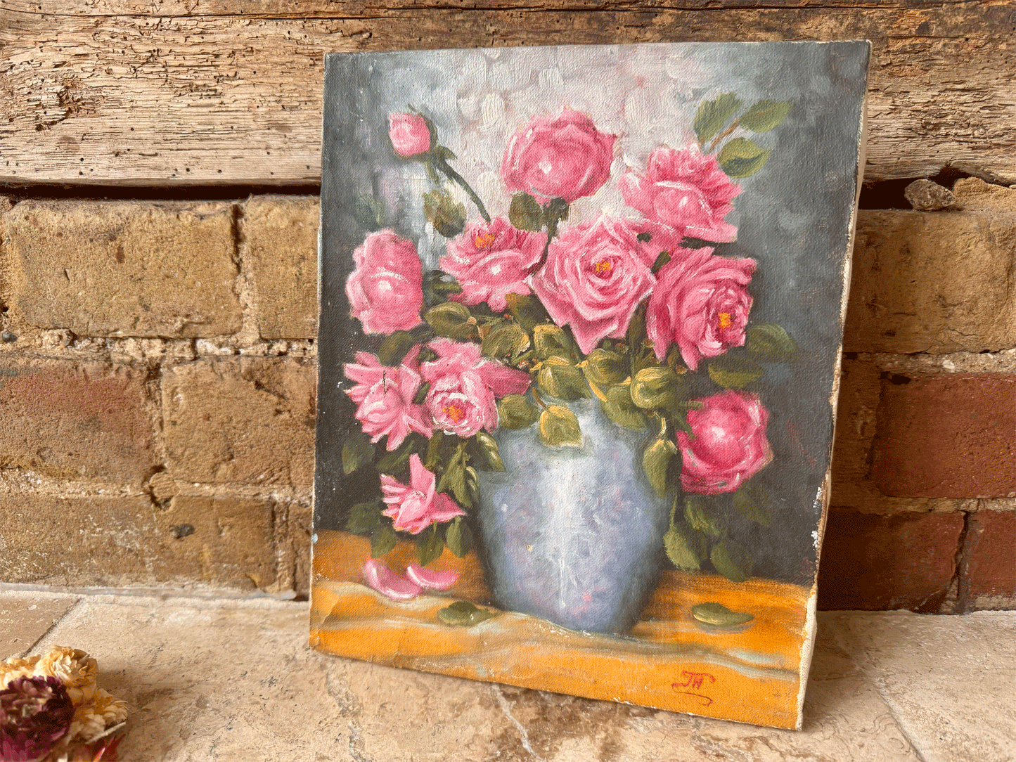 vintage french signed oil painting pink roses blue vase florals 