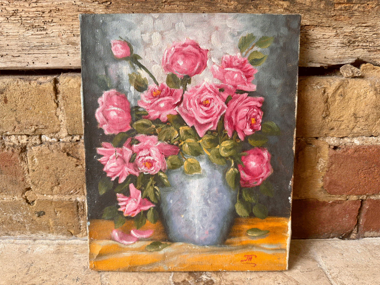vintage french signed oil painting pink roses blue vase florals 