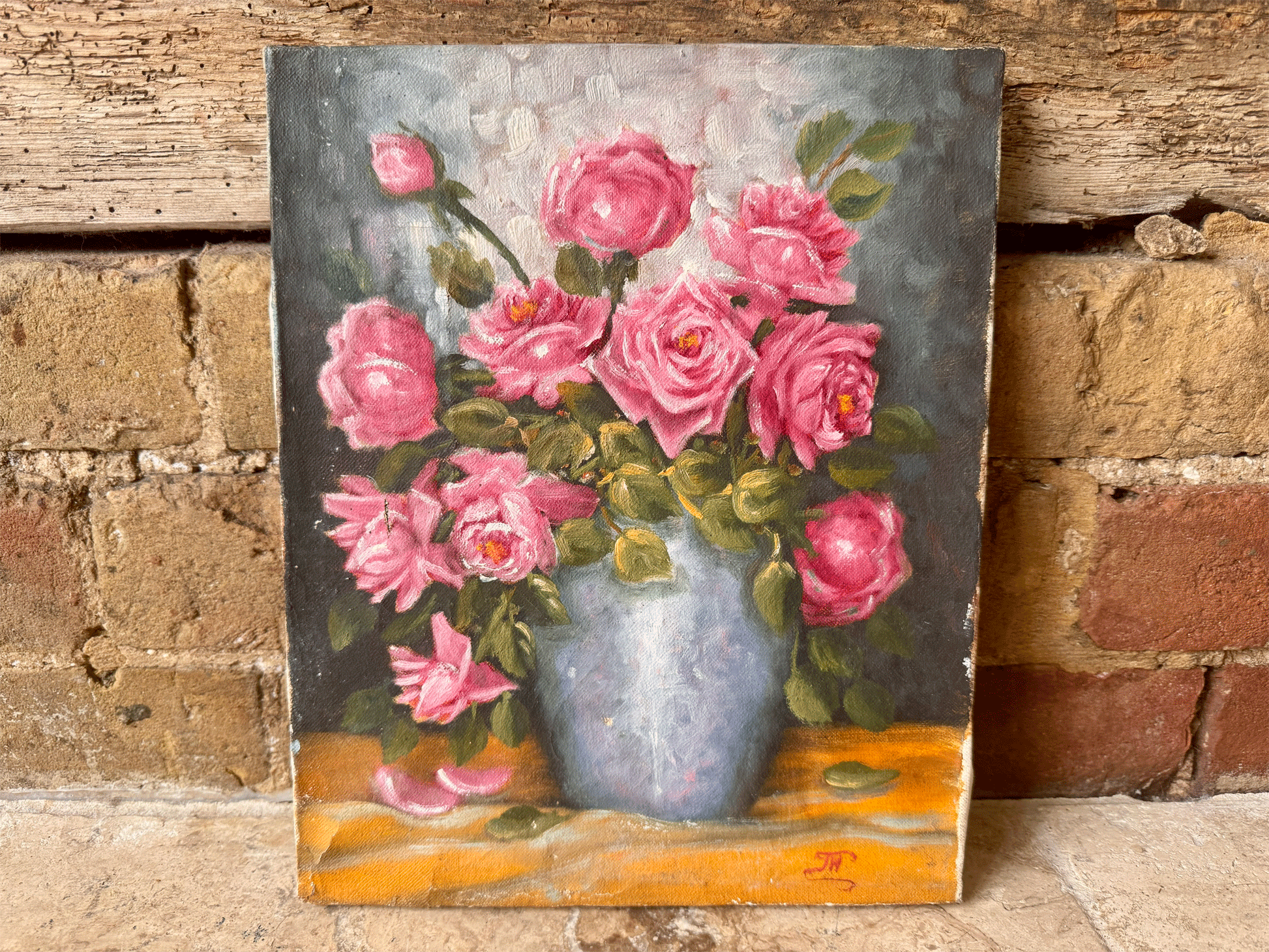 vintage french signed oil painting pink roses blue vase florals 