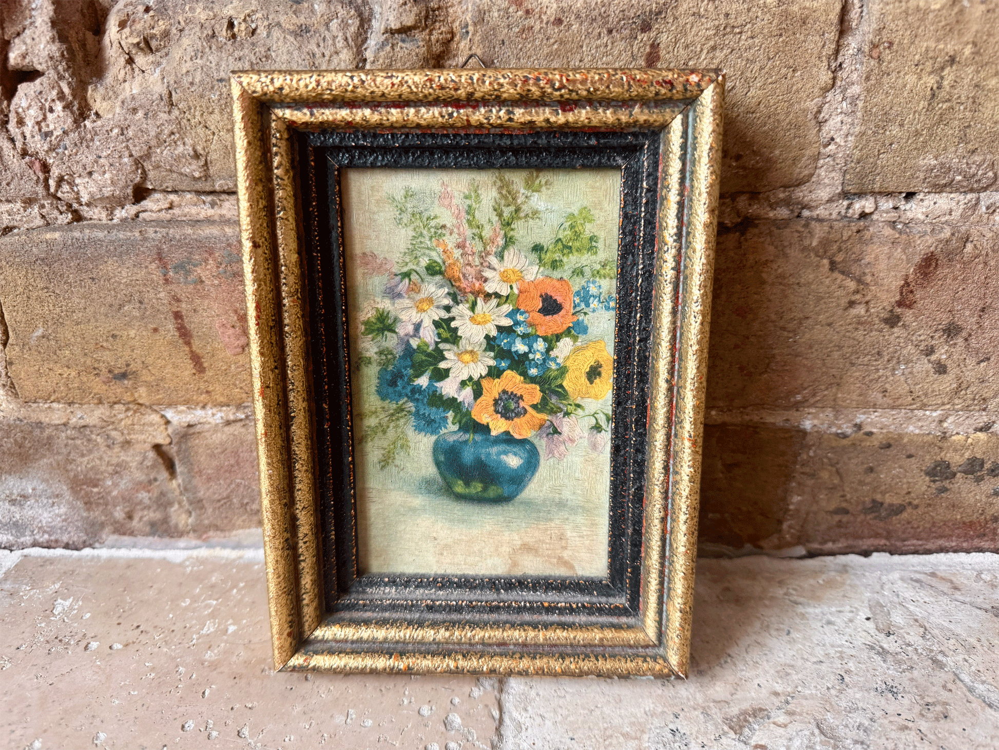 antique french small framed oil painting board floral composition still life blue vase