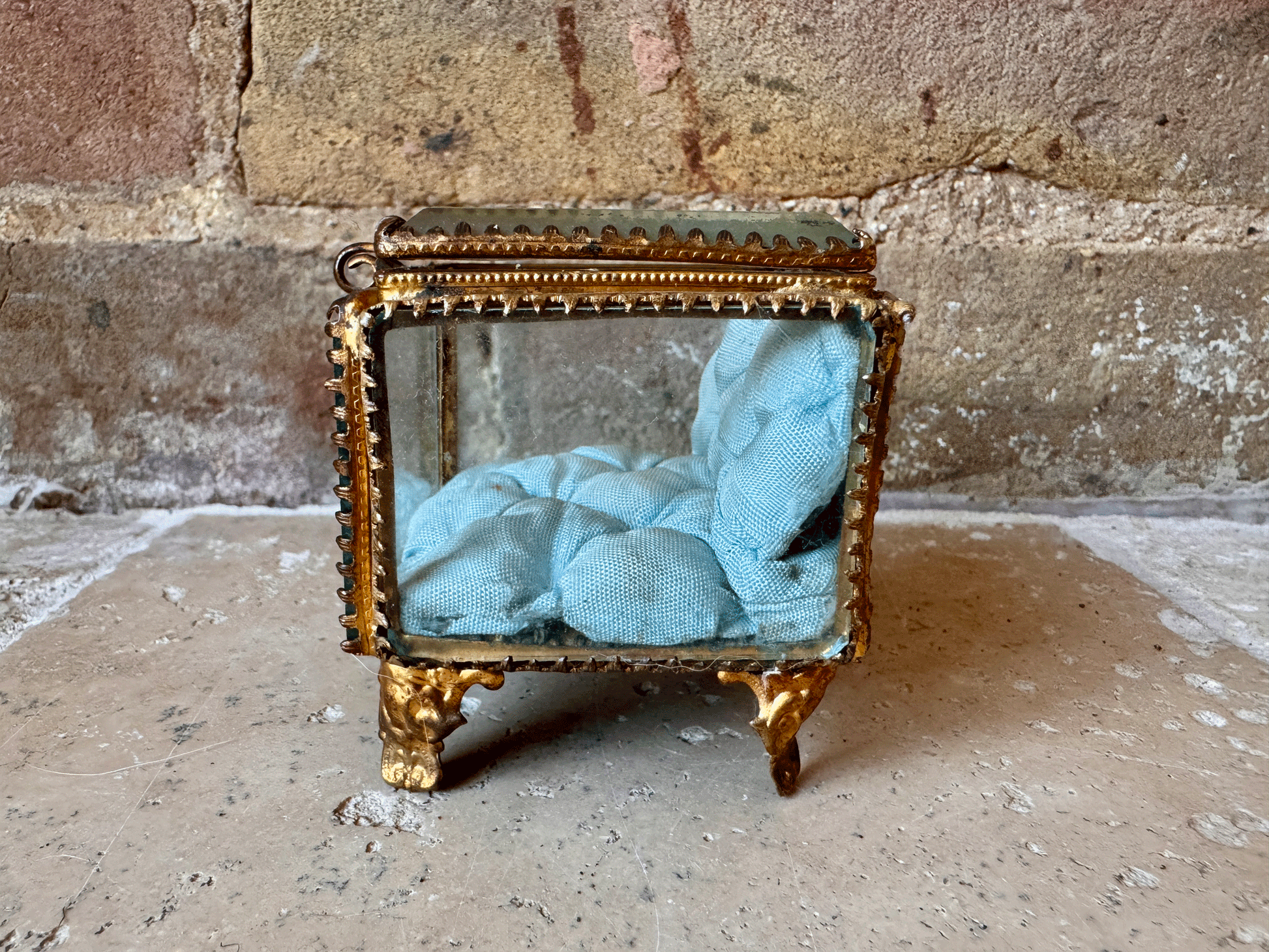 antique french ormolu glass pocket watch display case patch box jewellery casket