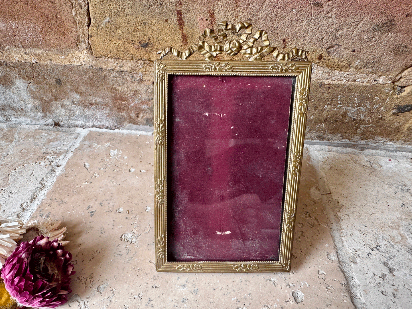 antique french brass ormolu ribbon bow swag border top picture photo frame