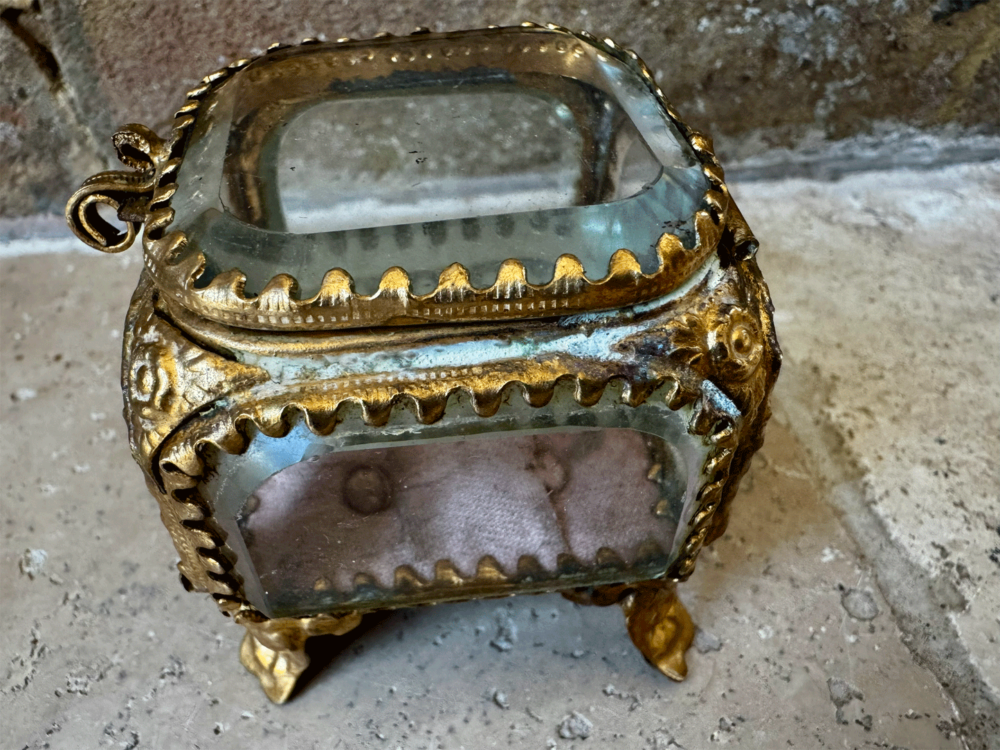 antique french 19th century ormolu bevelled glass punk cushion jewel trinket jewellery casket box