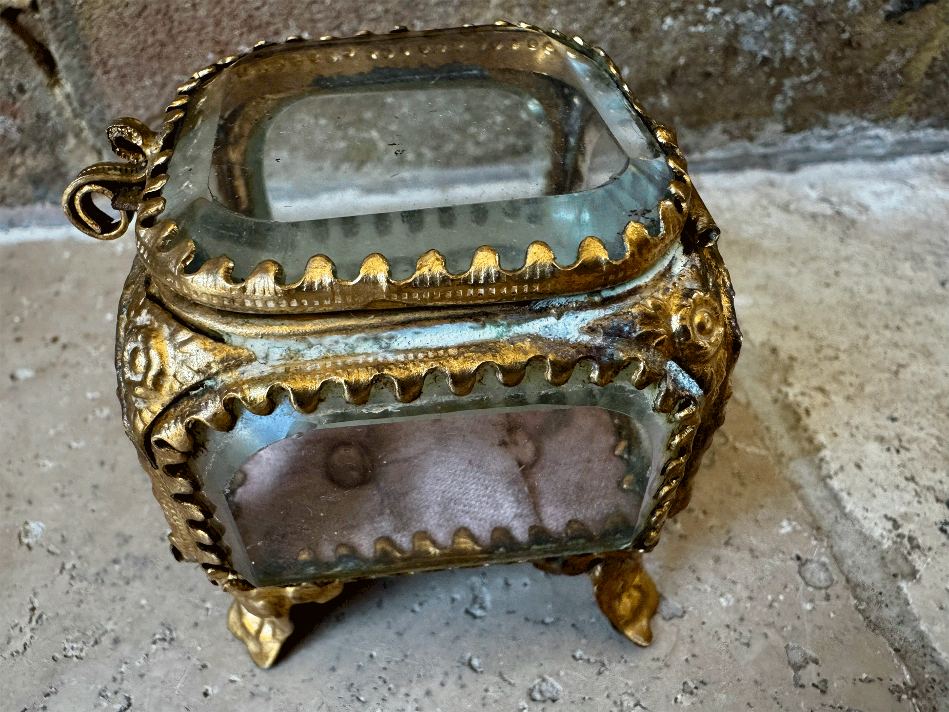 antique french 19th century ormolu bevelled glass punk cushion jewel trinket jewellery casket box