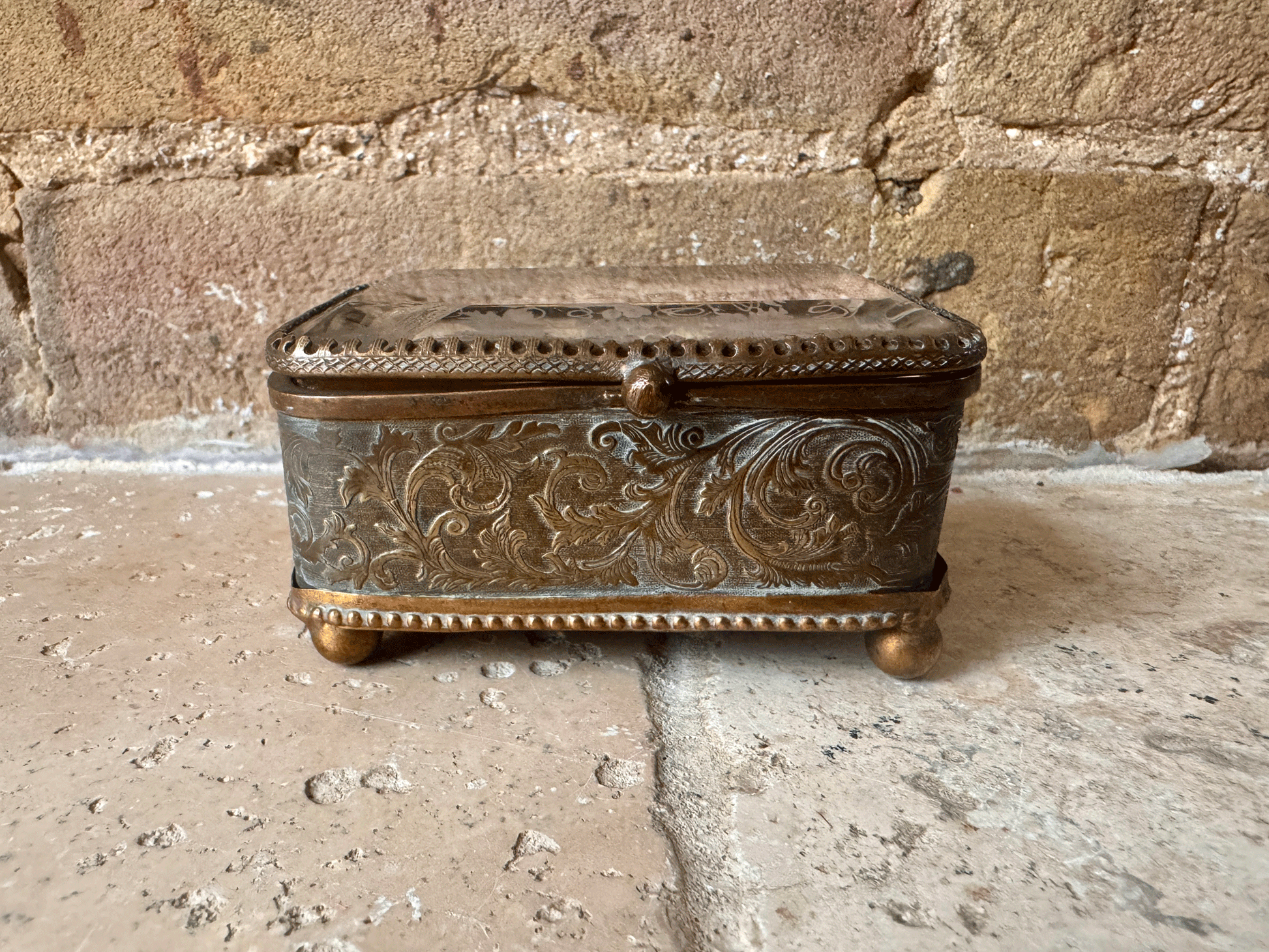 antique french ormolu jewel casket pink silk lining bevel edged glass etched grapevine