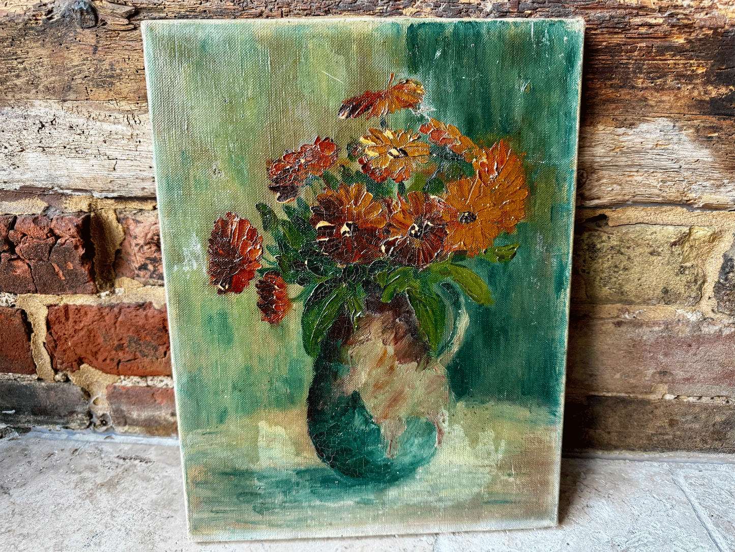 antique french floral still life vase flowers oil canvas impasto moody tones hues