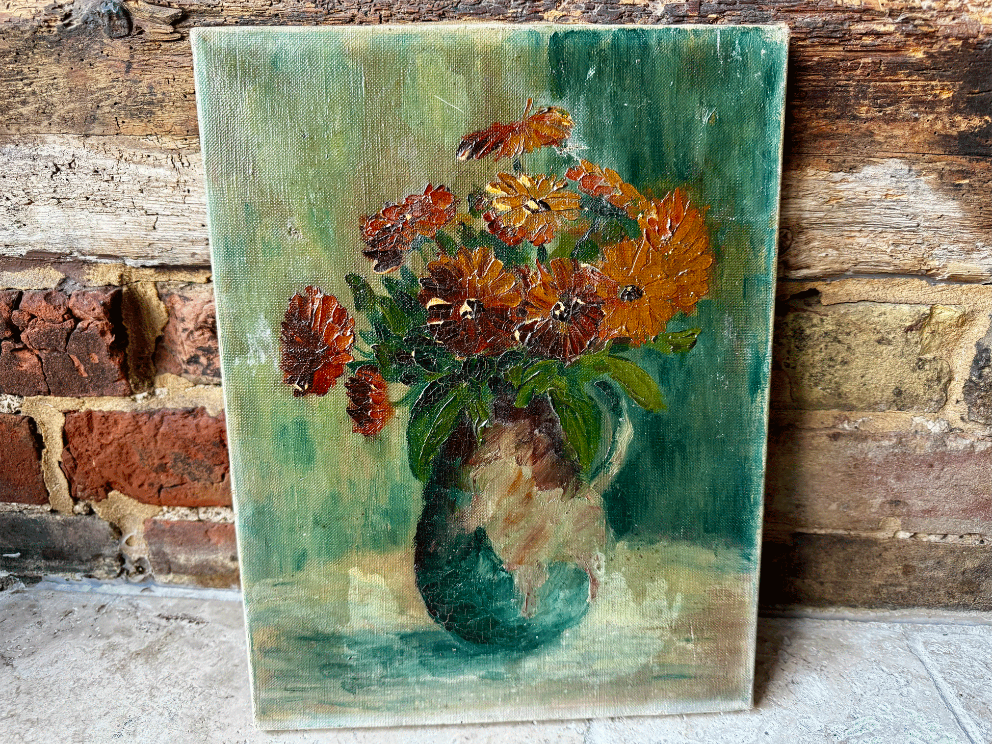 antique french floral still life vase flowers oil canvas impasto moody tones hues