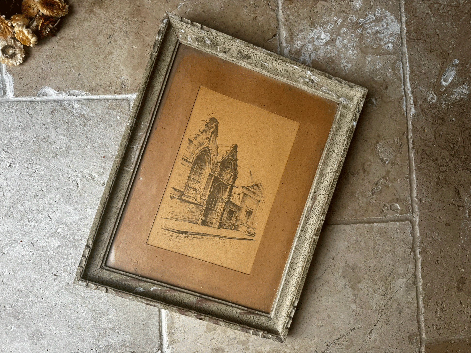 antique french artwork moody painting pencil drawing amiens town city street scene berthe mackiewicz